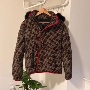Fendi Brown Logo Puffer Down Jacket with Red Trim